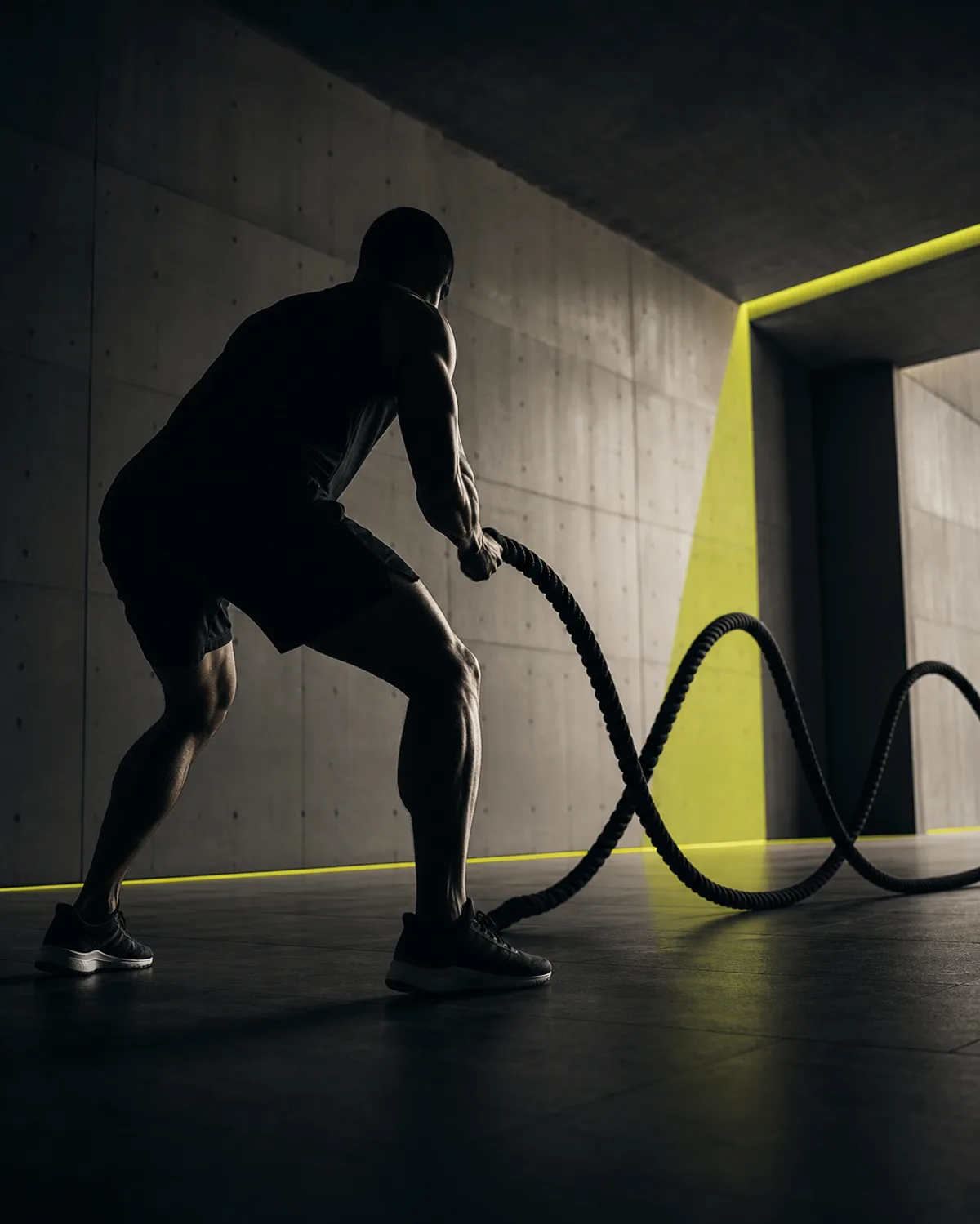 Atleta entrenando con cuerdas en un gimnasio de arquitectura moderna